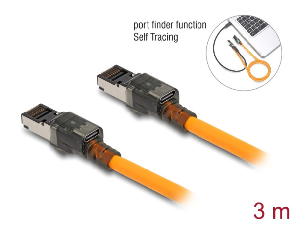 DeLOCK RJ45 Netzwerkkabel mit USB Type-C Portfinder Funktion Self Tracing Cat.6A S/FTP 3 m orange (80410)