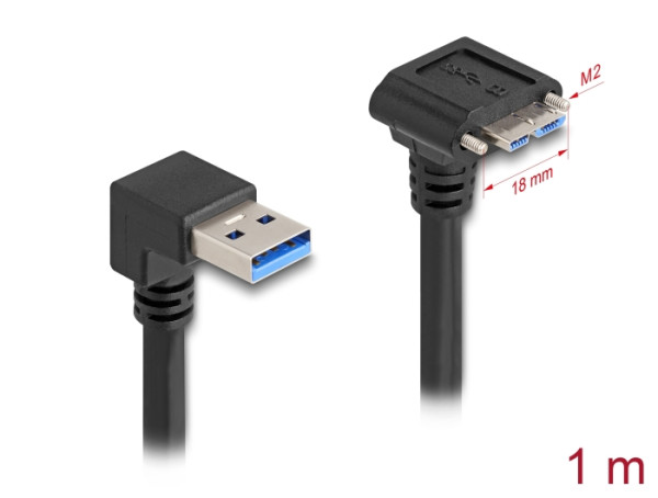 DeLOCK USB 5 Gbps Kabel USB Typ-A Stecker 90° nach unten gewinkelt zu USB Micro-B Stecker mit Schraubenabstand 18 mm 90° nach unten gewinkelt 1 m schwarz (80482)