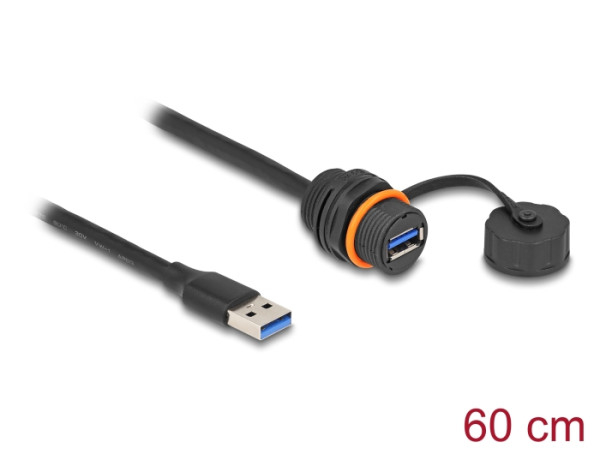 DeLOCK USB 5 Gbps Kabel USB Typ-A Stecker zu USB Typ-A Buchse zum Einbau mit M20 Gewinde und Verschlusskappe IP68 staub- und wasserdicht 60 cm schwarz (88149)