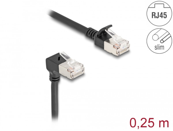 DeLOCK RJ45 Netzwerkkabel Cat.6A S/FTP Slim 90° unten gewinkelt / gerade 0,25 m schwarz (80303)