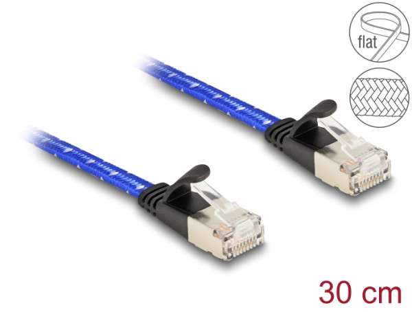 DeLOCK RJ45 Flachband Netzwerkkabel mit Geflechtmantel Cat.6A U/FTP 0,3 m blau (80381)
