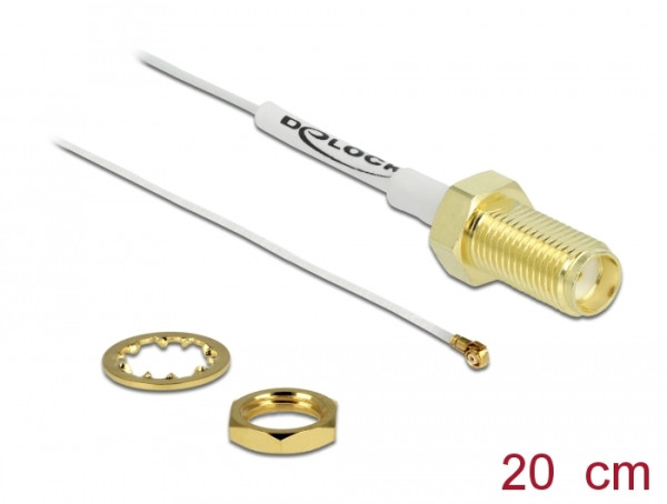 DeLOCK Antennenkabel SMA Buchse zum Einbau zu I-PEX Inc., MHF® 4 Stecker 0.81 20 cm Gewindelänge 10 mm weiß (89052)