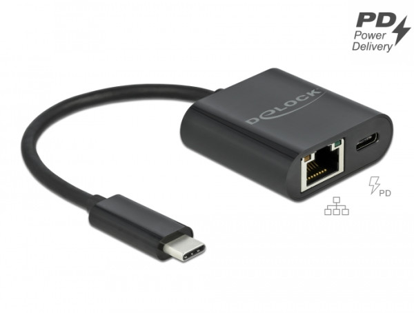 DeLOCK USB Type-C Adapter zu Gigabit LAN 10/100/1000 Mbps mit Power Delivery Anschluss schwarz (66644)
