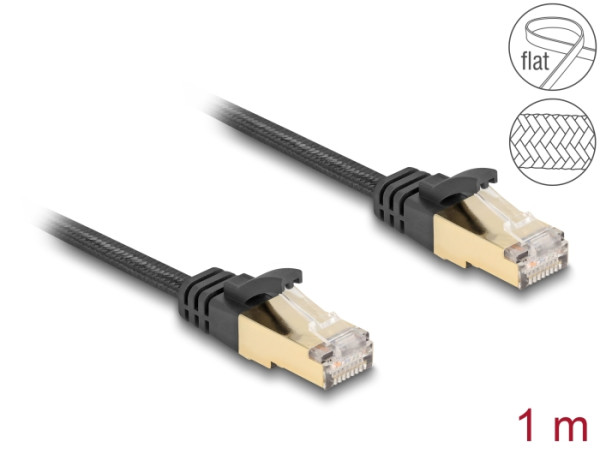 DeLOCK RJ45 Flachband Netzwerkkabel mit Geflechtmantel Cat.6A U/FTP Stecker zu Stecker 1 m schwarz (80325)