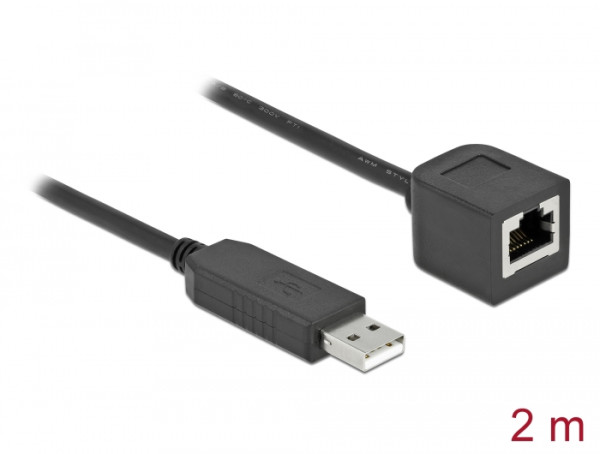 DeLOCK Serielles Anschlusskabel mit FTDI Chipsatz, USB 2.0 Typ-A Stecker zu RS-232 RJ45 Buchse 2 m schwarz (64165)
