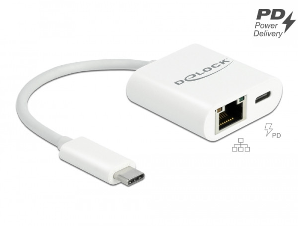DeLOCK USB Type-C Adapter zu Gigabit LAN 10/100/1000 Mbps mit Power Delivery Anschluss weiß (65402)