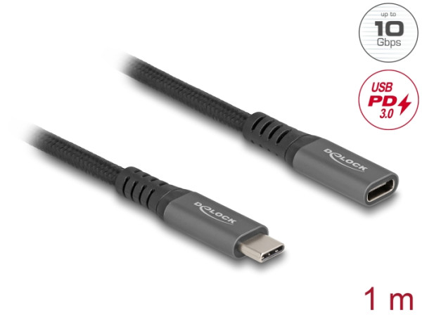 DeLOCK USB 10 Gbps Verlängerungskabel USB Type-C Stecker zu Buchse PD 3.0 100 W 1 m grau Metall (80022)