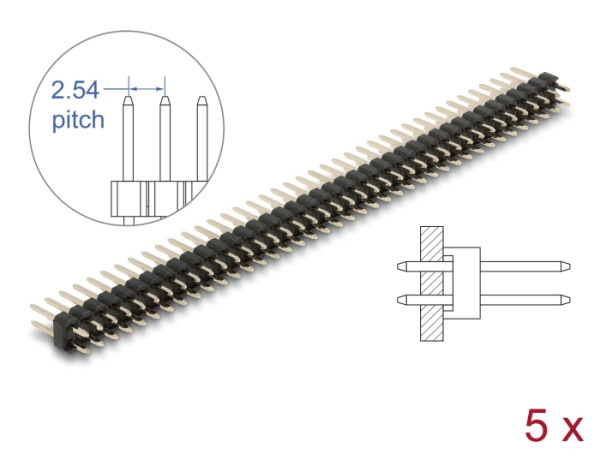 DeLOCK Stiftleiste 40 Pin, Rastermaß 2,54 mm, 2-reihig, gerade, 5 Stück (66700)