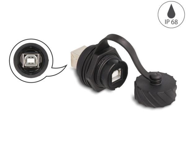 DeLOCK Kabelverbinder USB 2.0 Typ-B Buchse zu Buchse zum Einbau mit Bajonett-Verschlusskappe IP68 staub- und wasserdicht schwarz (88004)