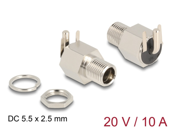 DeLOCK Steckverbinder DC 5,5 x 2,5 mm Buchse zum Einbau Lötversion gewinkelt - Sechskant 20 V / 10 A (90182)
