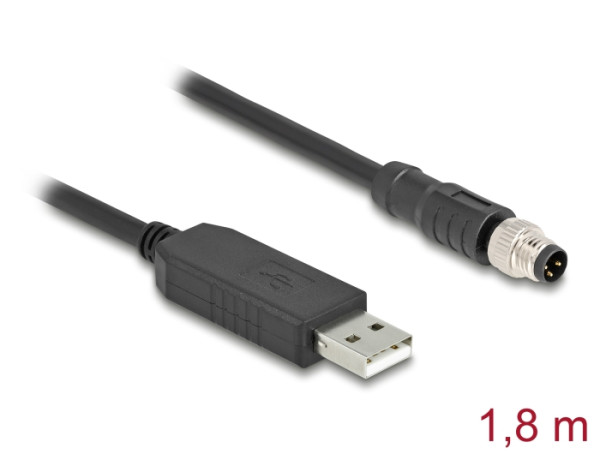 DeLOCK M8 Serielles Anschlusskabel mit FTDI Chipsatz, USB 2.0 Typ-A Stecker zu M8 RS-232 Stecker A-kodiert 3 Pin 1,8 m schwarz (64258)