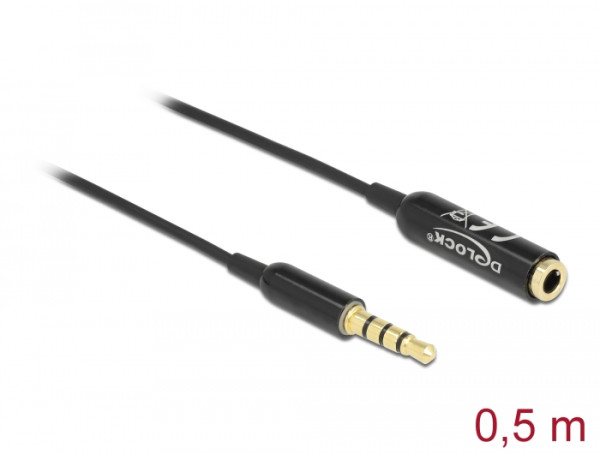 DeLOCK Audio Verlängerungskabel Klinke 3,5 mm 4 Pin Stecker zu Buchse Ultra Slim 0,5 m schwarz (66074)