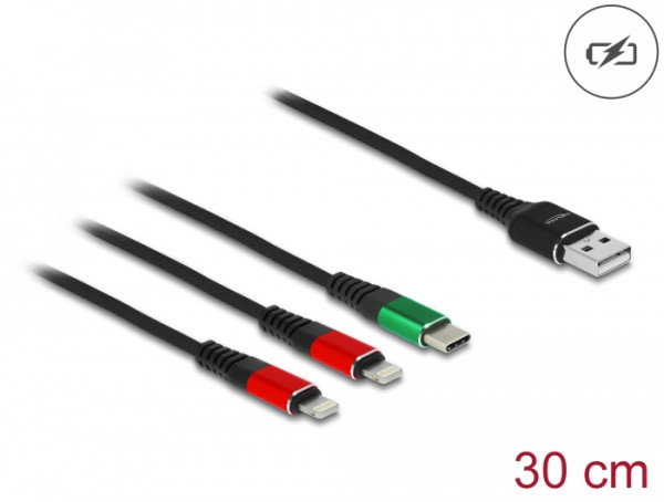 DeLOCK USB Ladekabel 3 in 1 Typ-A zu 2 x Lightning™ / USB Type-C™ 30 cm (87881)