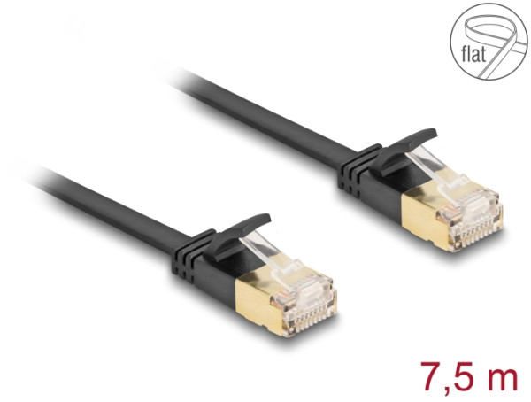 DeLOCK RJ45 Netzwerkkabel Cat.6A Stecker zu Stecker mit robuster Rastnase und Cat.7 Rohflachbandkabel U/FTP 7,5 m schwarz (80349)