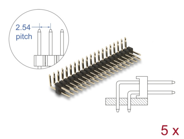 DeLOCK Stiftleiste 20 Pin, Rastermaß 2,54 mm, 2-reihig, gewinkelt, 5 Stück (66702)