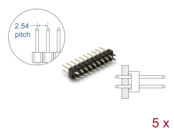 DeLOCK Stiftleiste 10 Pin, Rastermaß 2,54 mm, 2-reihig, gerade, 5 Stück (66698)