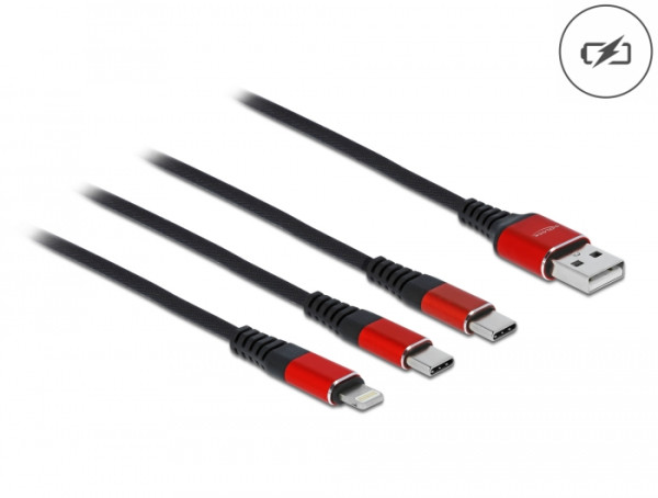 DeLOCK USB Ladekabel 3 in 1 Typ-A zu Lightning / 2 x USB Type-C 1 m schwarz / rot (86709)