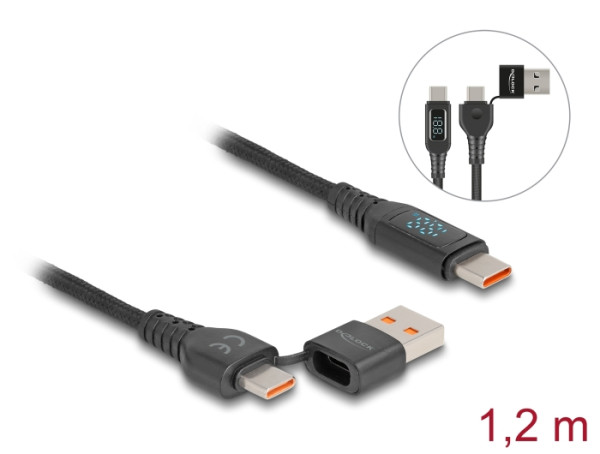 DeLOCK USB 2.0 Schnellladekabel USB Type-C™ + USB Typ-A Stecker zu USB Type-C™ Stecker PD 3.1 140 W mit Leistungsanzeige 1,20 m (88137)
