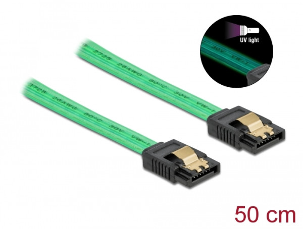 DeLOCK SATA 6 Gb/s Kabel UV Leuchteffekt grün 50 cm (82069)