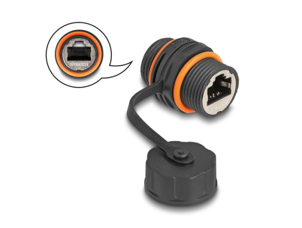 DeLOCK Kabelverbinder RJ45 Buchse zu RJ45 Buchse Cat.6A mit M20 Gewinde und Verschlusskappe IP68 staub- und wasserdicht (88145)
