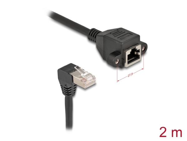 DeLOCK Netzwerk Verlängerungskabel S/FTP Stecker RJ45 Stecker 90° gewinkelt zu RJ45 Einbaubuchse Cat.6A 2 m schwarz (80312)