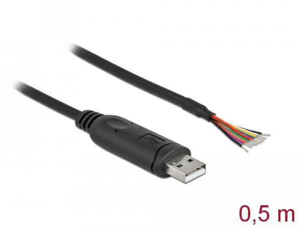 DeLOCK Adapterkabel USB 2.0 Typ-A zu seriell RS-232 mit 9 offenen Kabelenden + Schirmung 0,5 m (90415)