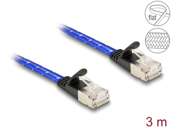 DeLOCK RJ45 Flachband Netzwerkkabel mit Geflechtmantel Cat.6A U/FTP 3 m blau (80385)