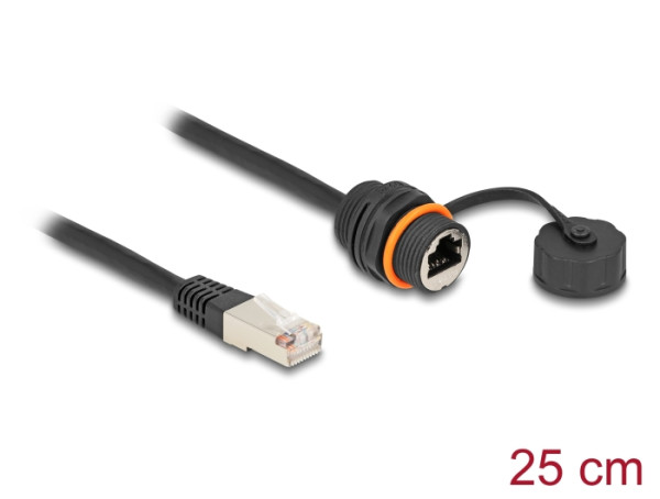 DeLOCK Kabel RJ45 Stecker zu RJ45 Buchse Cat.6A zum Einbau mit M20 Gewinde und Verschlusskappe IP68 staub- und wasserdicht 25 cm schwarz (88146)