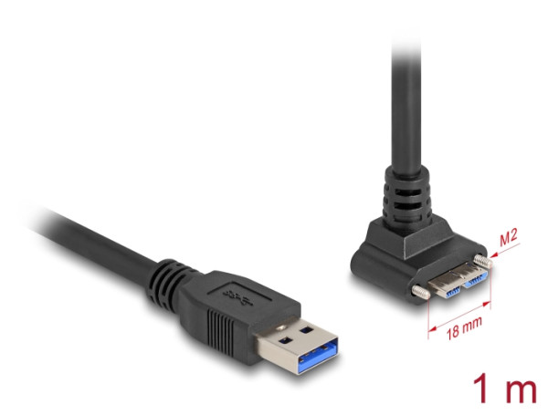 DeLOCK USB 5 Gbps Kabel USB Typ-A Stecker gerade zu USB Micro-B Stecker mit Schraubenabstand 18 mm 90° nach oben gewinkelt 1 m schwarz (80483)