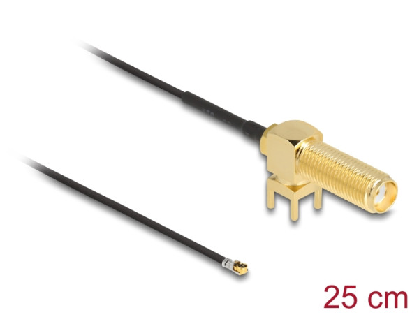 DeLOCK Antennenkabel SMA 90° PCB Buchse zum Einbau zu I-PEX Inc., MHF® 4L Stecker 1.13 25 cm Gewindelänge 15 mm (12028)