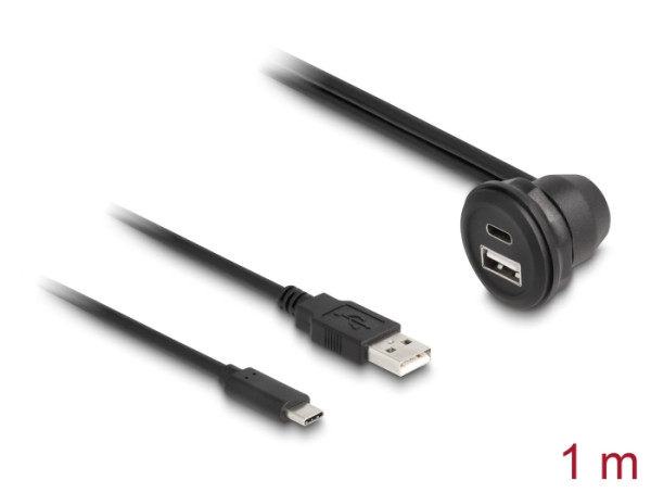 DeLOCK USB 2.0 Kabel USB Typ-A Stecker und USB Type-C Stecker zu USB Typ-A Buchse 90° gewinkelt und USB Type-C Buchse 90° gewinkelt zum Einbau 1 m schwarz (88103)