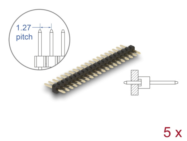 DeLOCK Stiftleiste 20 Pin, Rastermaß 1,27 mm, 1-reihig, gerade, 5 Stück (66687)