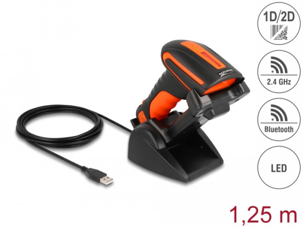 DeLOCK Industrie Barcode Scanner 1D und 2D für 2,4 GHz oder Bluetooth mit induktiver Ladestation (90556)