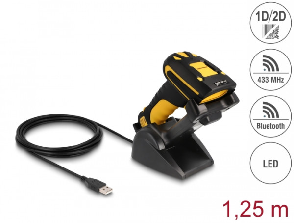 DeLOCK Industrie Barcode Scanner 1D und 2D für 433 MHz oder Bluetooth mit induktiver Ladestation (90586)
