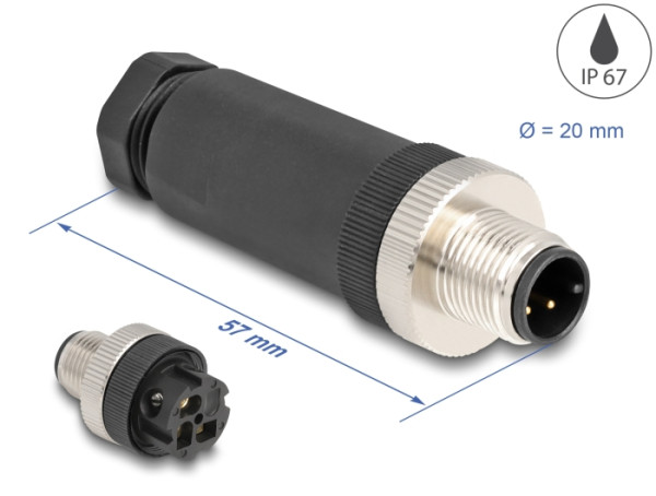 DeLOCK M12 Steckverbinder A-kodiert 3 Pin Stecker zur Montage mit Schraubanschluss (60566)