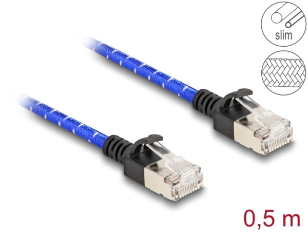 DeLOCK RJ45 Netzwerkkabel mit Geflechtmantel Cat.6A U/FTP Slim 0,5 m blau (80376)