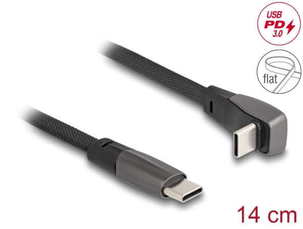DeLOCK USB 2.0 Flachbandkabel USB Type-C Stecker zu USB Type-C Stecker gewinkelt PD 3.0 60 W 14 cm schwarz (80750)