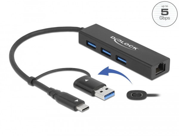 DeLOCK 3 Port USB 3.2 Gen 1 Hub + Gigabit LAN mit USB Type-C oder USB Typ-A Anschluss (64149)