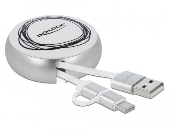 DeLOCK USB 2.0 2 in 1 Aufrollkabel Typ-A zu Micro-B und USB-C™ weiß / silber (85821)