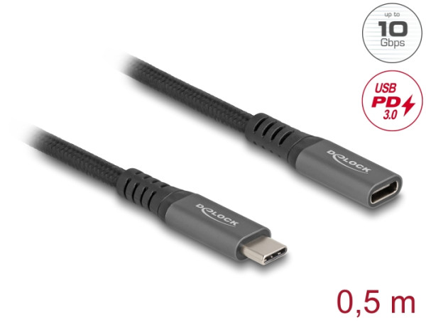 DeLOCK USB 10 Gbps Verlängerungskabel USB Type-C Stecker zu Buchse PD 3.0 100 W 0,5 m grau Metall (80021)