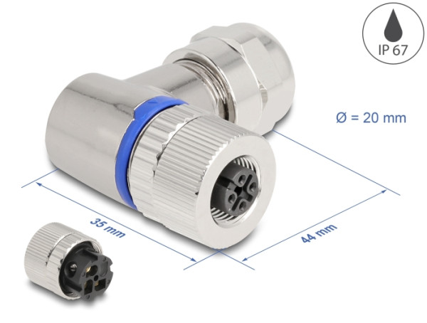 DeLOCK M12 Steckverbinder A-kodiert 3 Pin Buchse zur Montage mit Schraubanschluss 90° gewinkelt Metall (60542)