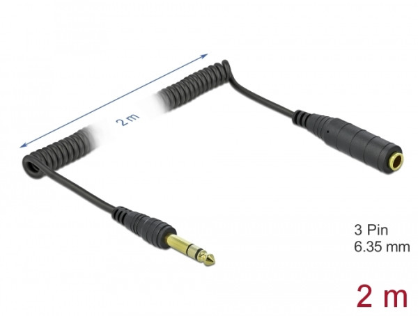 DeLOCK Spiralkabel Verlängerung 6,35 mm 3 Pin Klinkenstecker zu Klinkenbuchse 2 m schwarz (85938)
