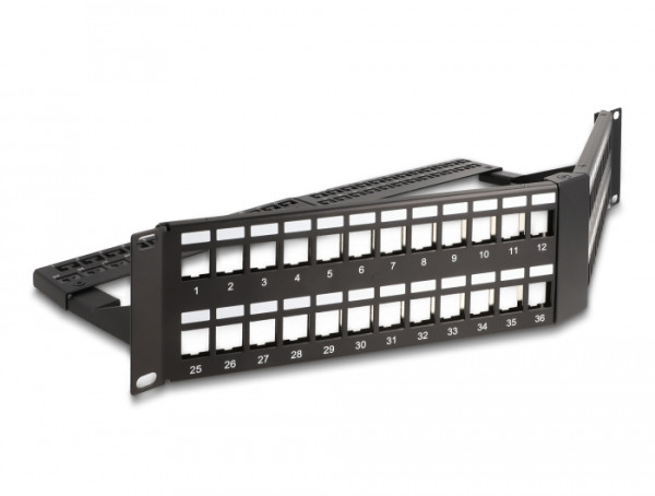 DeLOCK 19″ Keystone Patchpanel 48 Port mit Entlastungsschiene 2 HE gewinkelt schwarz (66977)