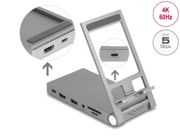DeLOCK Tablet und Notebook Dockingstation 4K mit integrierter Halterung - HDMI / USB / Hub / SD / Micro SD / PD 3.0 - klappbar (88199)