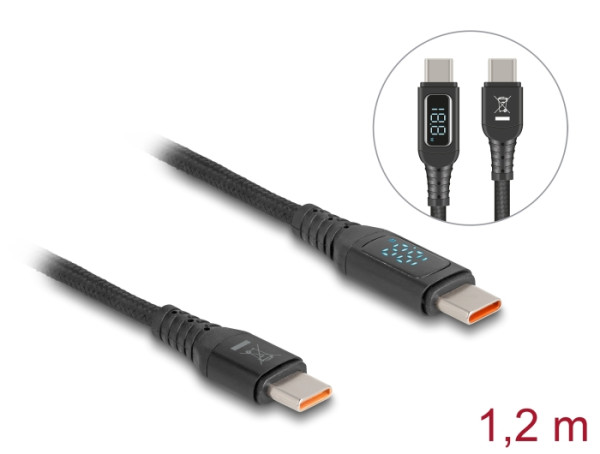 DeLOCK USB 2.0 Schnelladekabel USB Type-C™ Stecker zu Stecker PD 3.1 140 W mit Leistungsanzeige 1,20 m (88136)