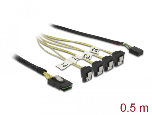 DeLOCK Kabel Mini SAS SFF-8087 > 4 x SATA 7 Pin gewinkelt + Sideband 0,5 m (85683)