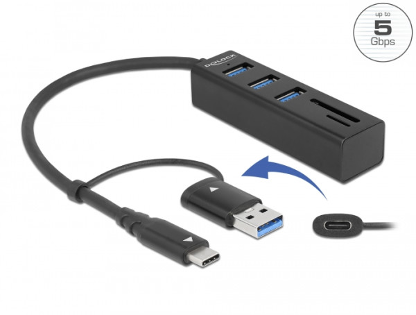 DeLOCK 3 Port USB 3.2 Gen 1 Hub + SD und Micro SD Card Reader mit USB Type-C oder USB Typ-A Anschluss (63859)