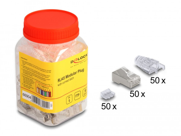 DeLOCK RJ45 Modularer Stecker mit gebogener Rastnase Cat.6 und Knickschutztülle 50er Set (66904)