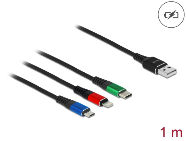 DeLOCK USB Ladekabel 3 in 1 Typ-A zu Lightning / Micro USB / USB Type-C 1 m 3-farbig (87277)