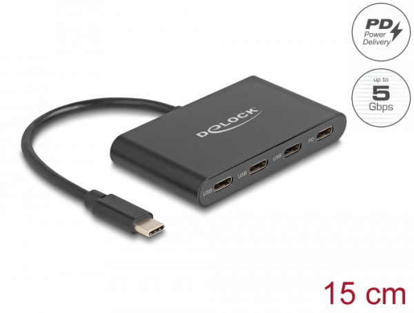 DeLOCK USB 3.2 Gen 1 USB Type-C Hub mit 3 x USB Type-C Buchse + 1 x USB Type-C PD 100 Watt (64174)